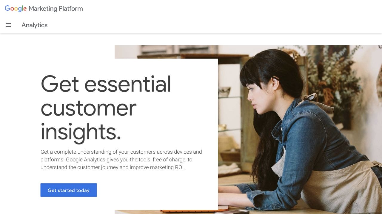 Google Analytics homepage explaining free customer journey and marketing ROI insights
