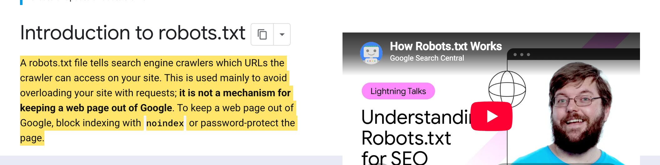 Google robots.txt documentation highlighting that crawl blocking does not prevent indexing