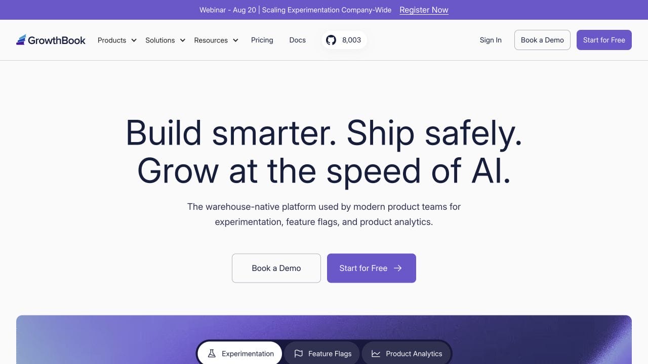 GrowthBook homepage for warehouse-native experimentation, feature flags, and product analytics