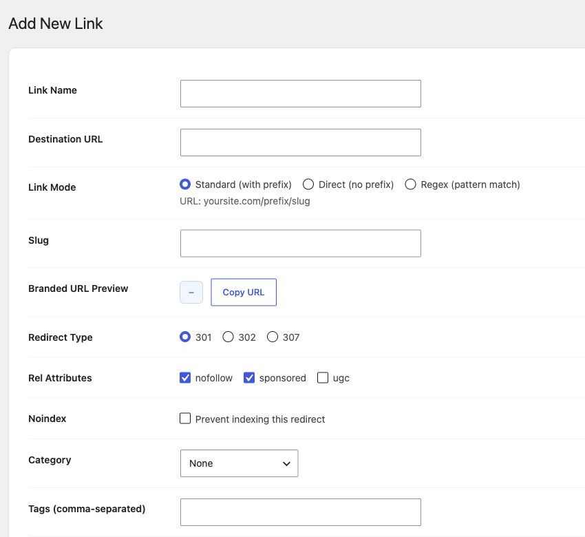 GT Link Manager form showing destination URL, branded slug, redirect mode, 301, 302, and 307 redirect types, sponsored and nofollow attributes, category, and tags.