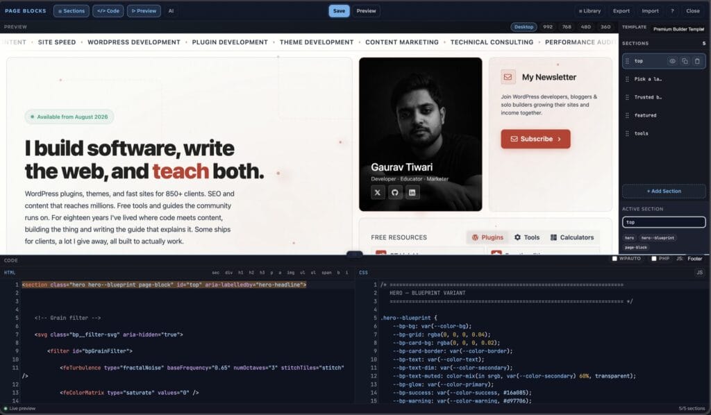 Page Blocks Builder with section list, code editors and a live page preview