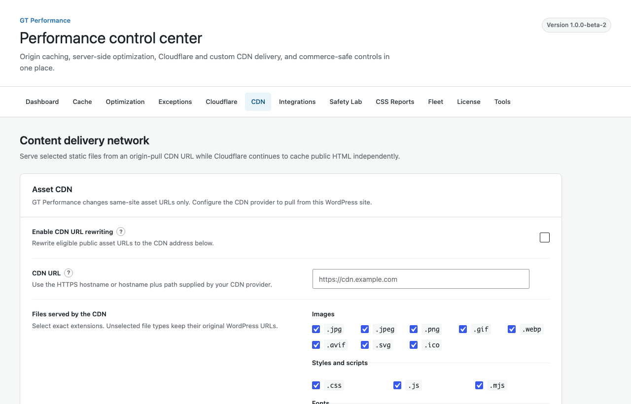GT Performance origin-pull CDN configuration screen