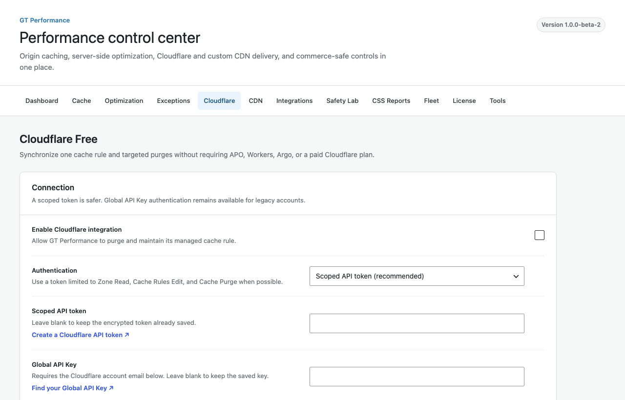 GT Performance Cloudflare Free configuration screen