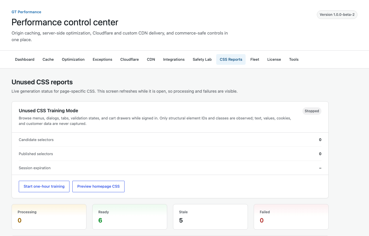 GT Performance unused CSS training and generation reports