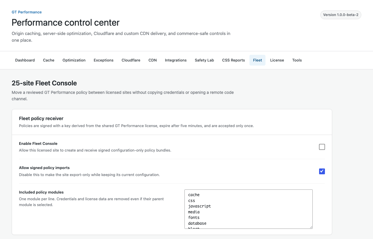 GT Performance 25-site Fleet Console settings