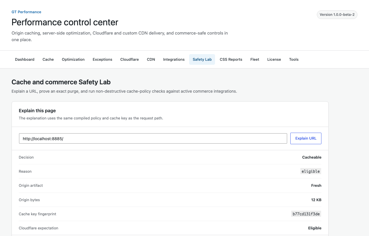 GT Performance Safety Lab explaining cache eligibility for a WordPress page