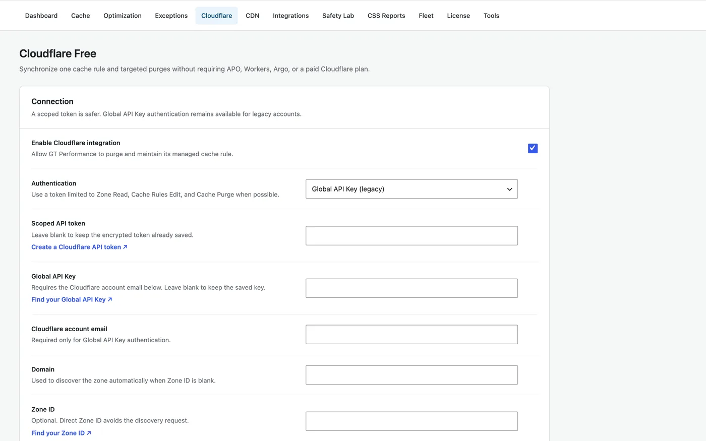 GT Performance Cloudflare Free integration screen with scoped token authentication options