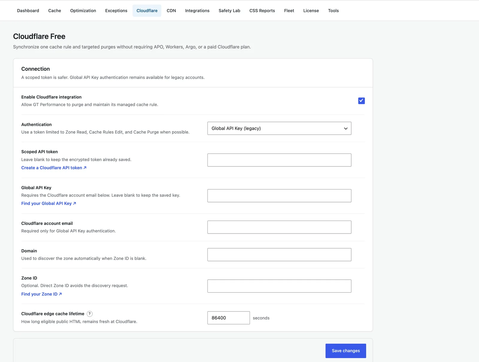 GT Performance Cloudflare Free configuration with managed rule preview