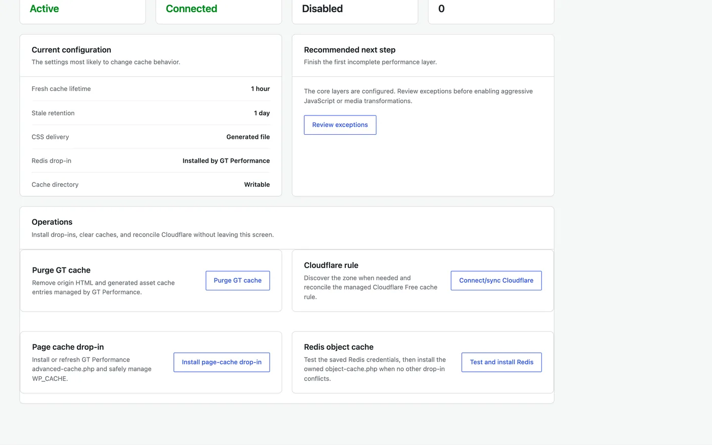 GT Performance dashboard with current configuration and one-click purge, Cloudflare sync, and drop-in operations