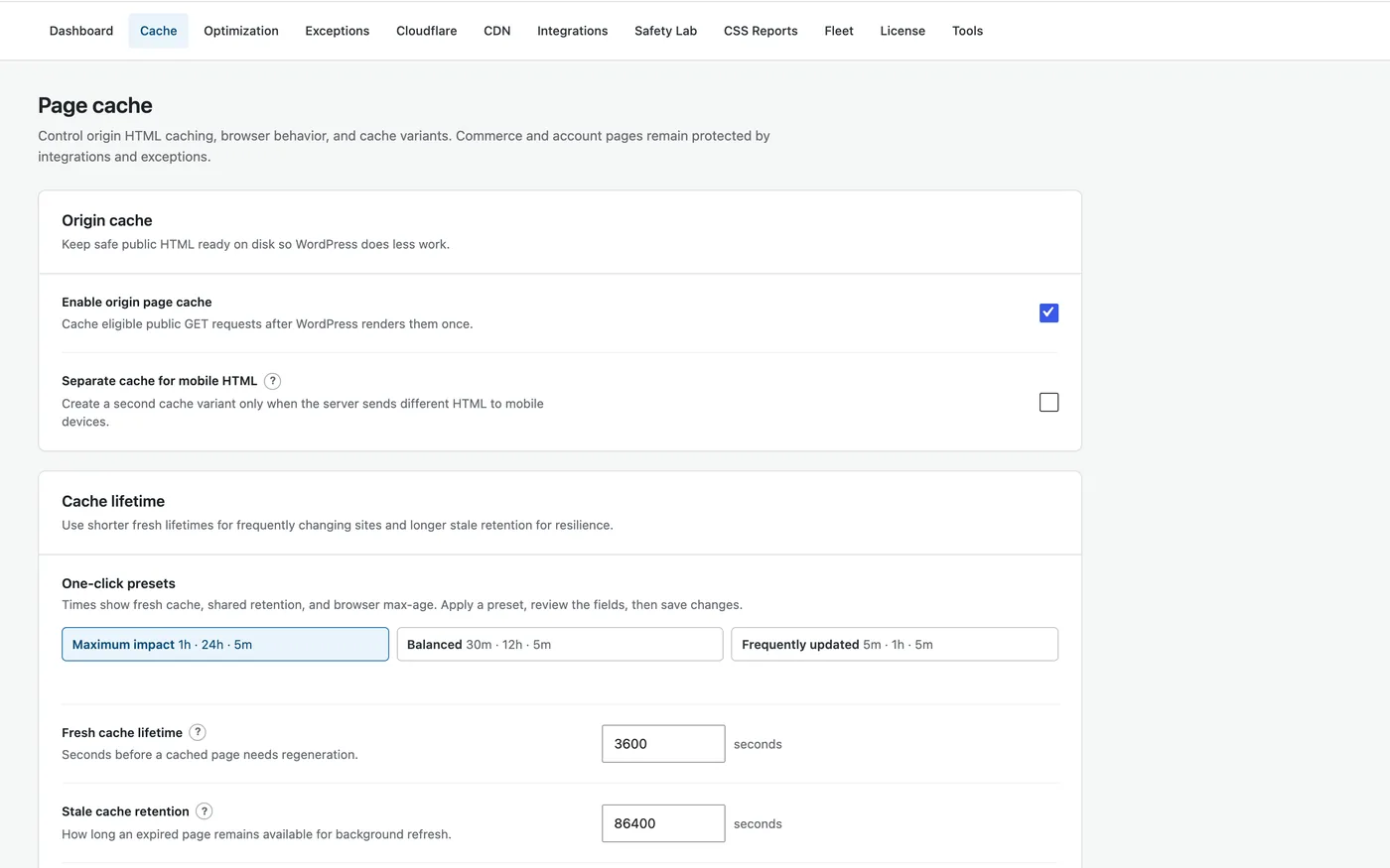 GT Performance origin page cache settings with one-click presets and cache lifetimes