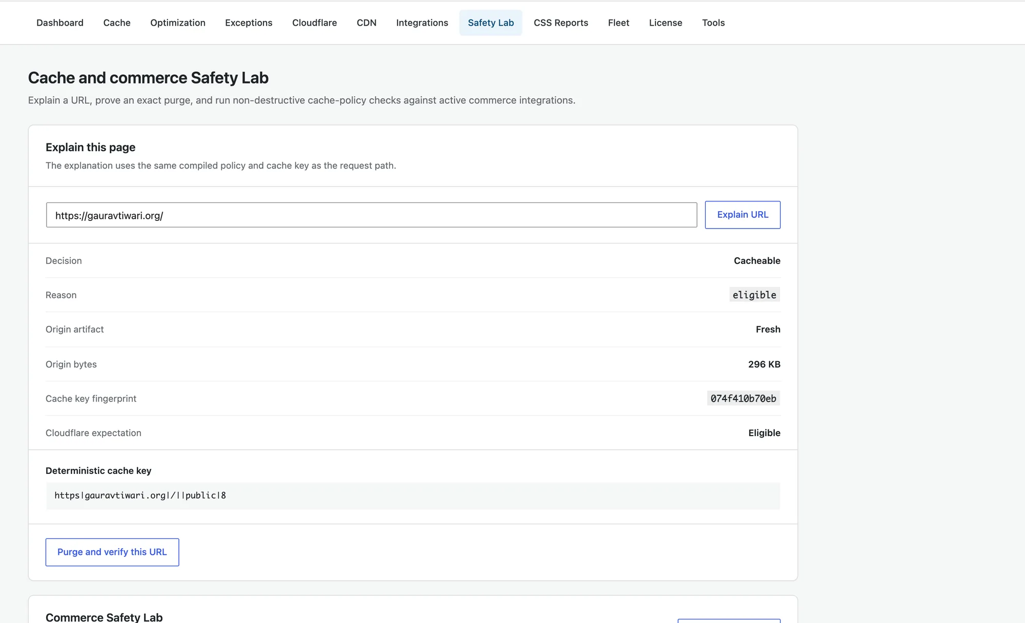 GT Performance Safety Lab explaining why a page is cacheable, with cache key and Cloudflare expectation