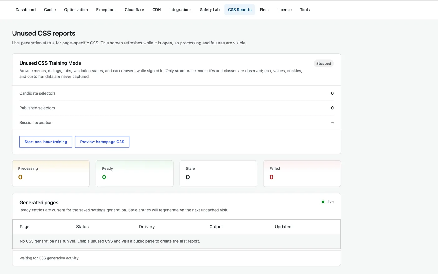 Server-side unused CSS reports with Training Mode, candidate selectors, and generated pages status