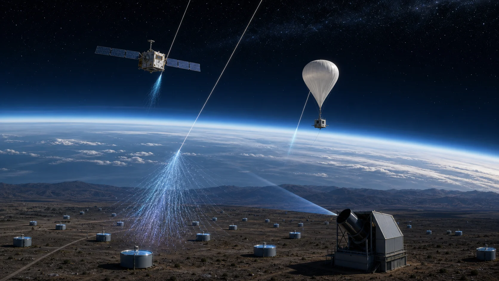 Satellite, balloon, and ground observatory detecting cosmic rays