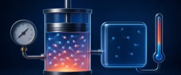 Gas particles in a piston with pressure, volume, and temperature indicators.