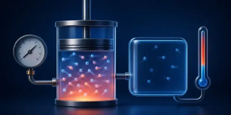 Gas particles in a piston with pressure, volume, and temperature indicators.