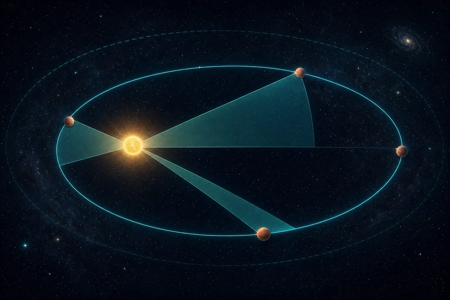 Kepler's laws showing an elliptical orbit with equal areas swept in equal times