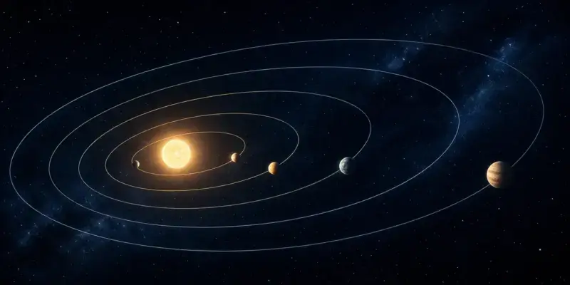 Planets following elliptical orbits around a star for Kepler's third law.