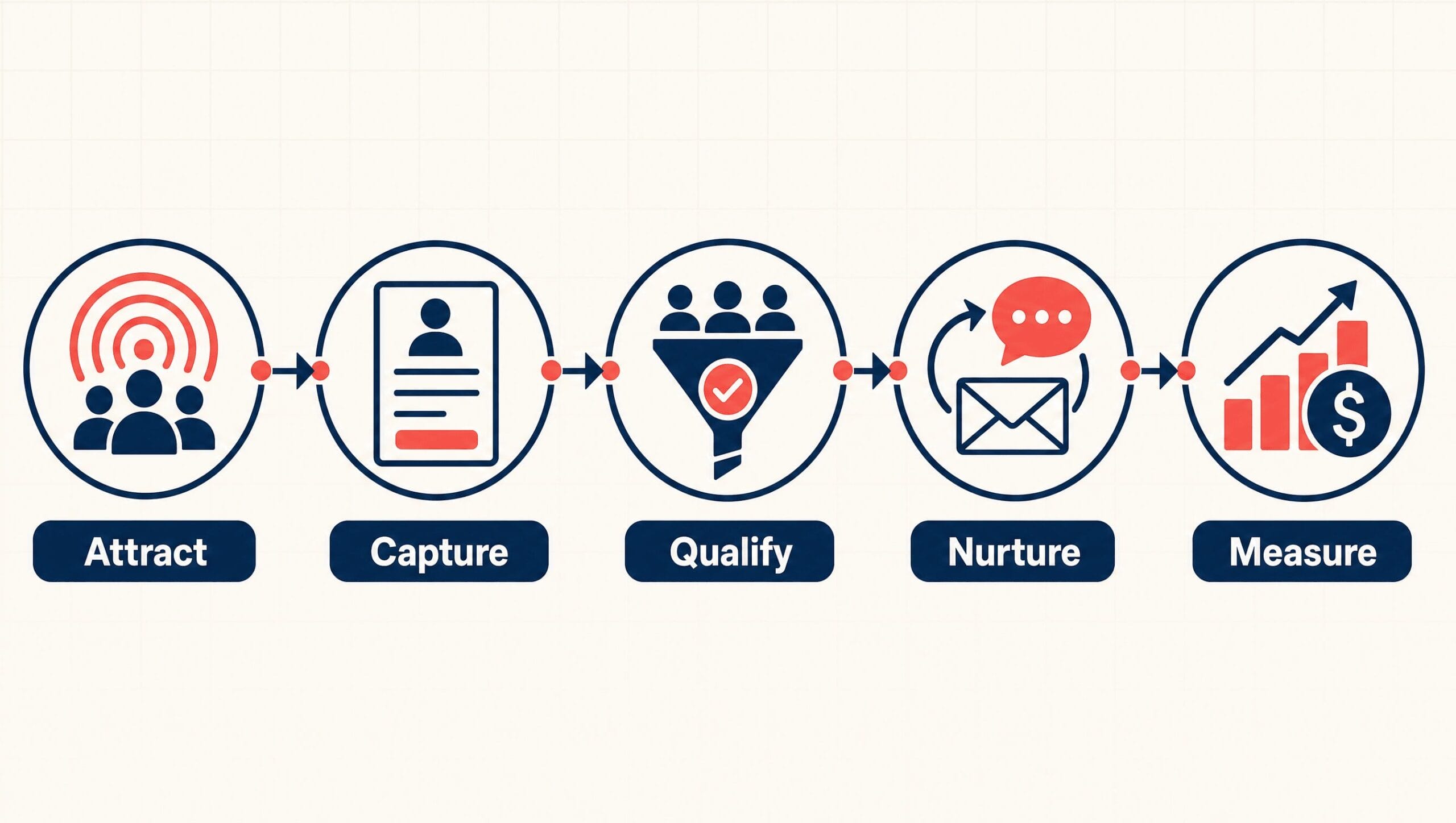Five-stage lead generation process: attract, capture, qualify, nurture, and measure