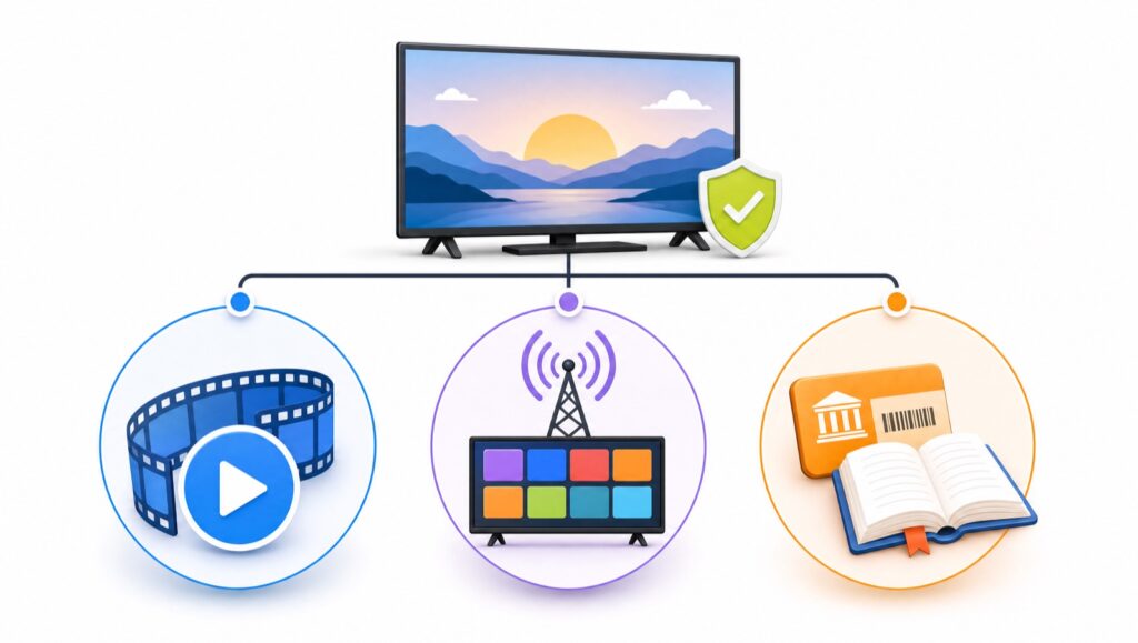 Illustration of free streaming choices for on-demand, live TV, and library access