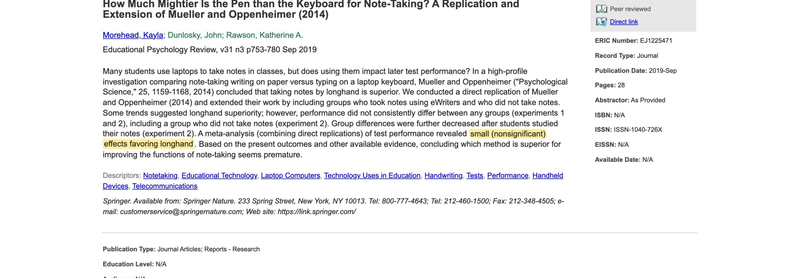 Peer-reviewed note-taking replication highlighting small nonsignificant effects favoring longhand over laptops