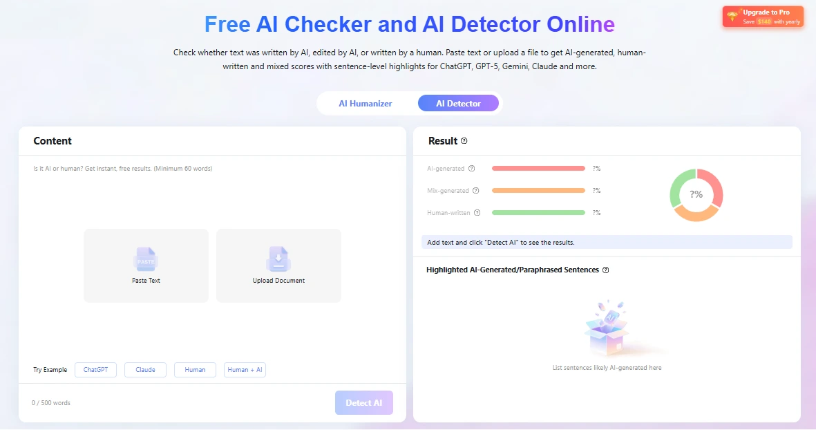 Lynote AI content detection interface with sentence review and AI, mixed, and human score areas
