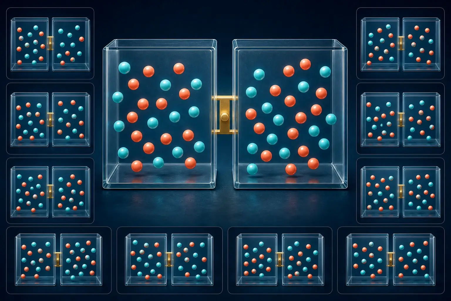 One macrostate represented by many possible particle microstates in statistical physics