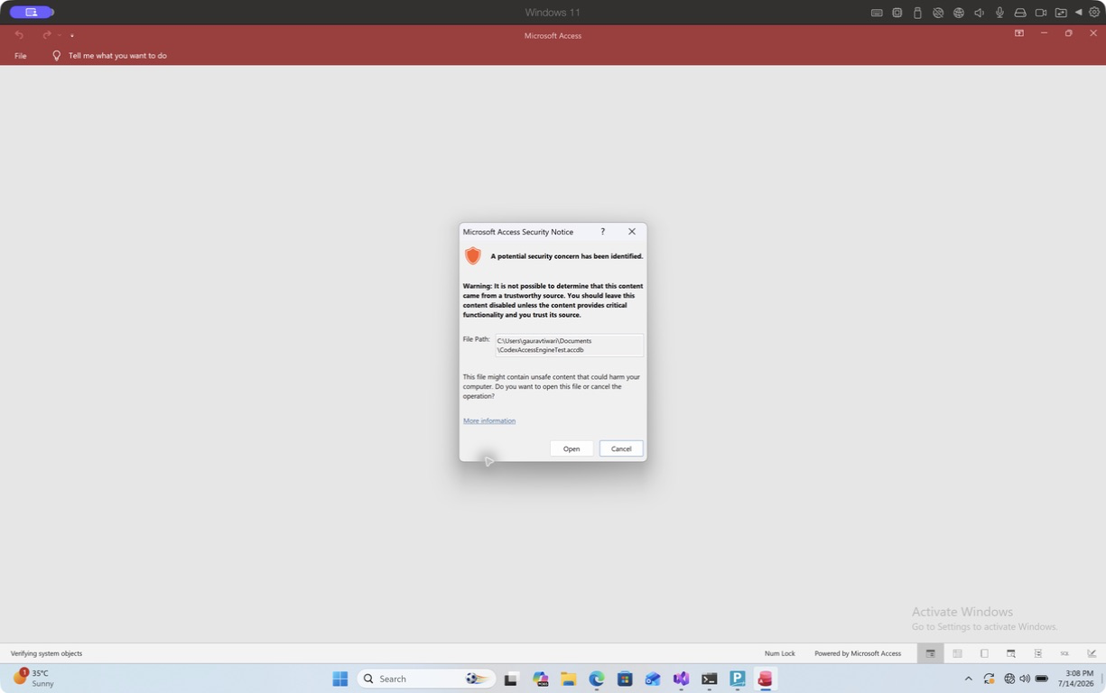 Microsoft Access for Mac test database opening in Access Runtime with the standard security notice