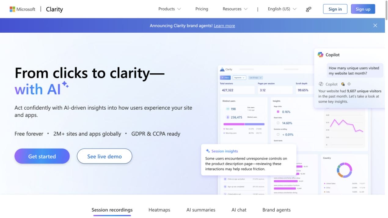 Microsoft Clarity homepage showing free heatmaps, session recordings, and AI behavior insights