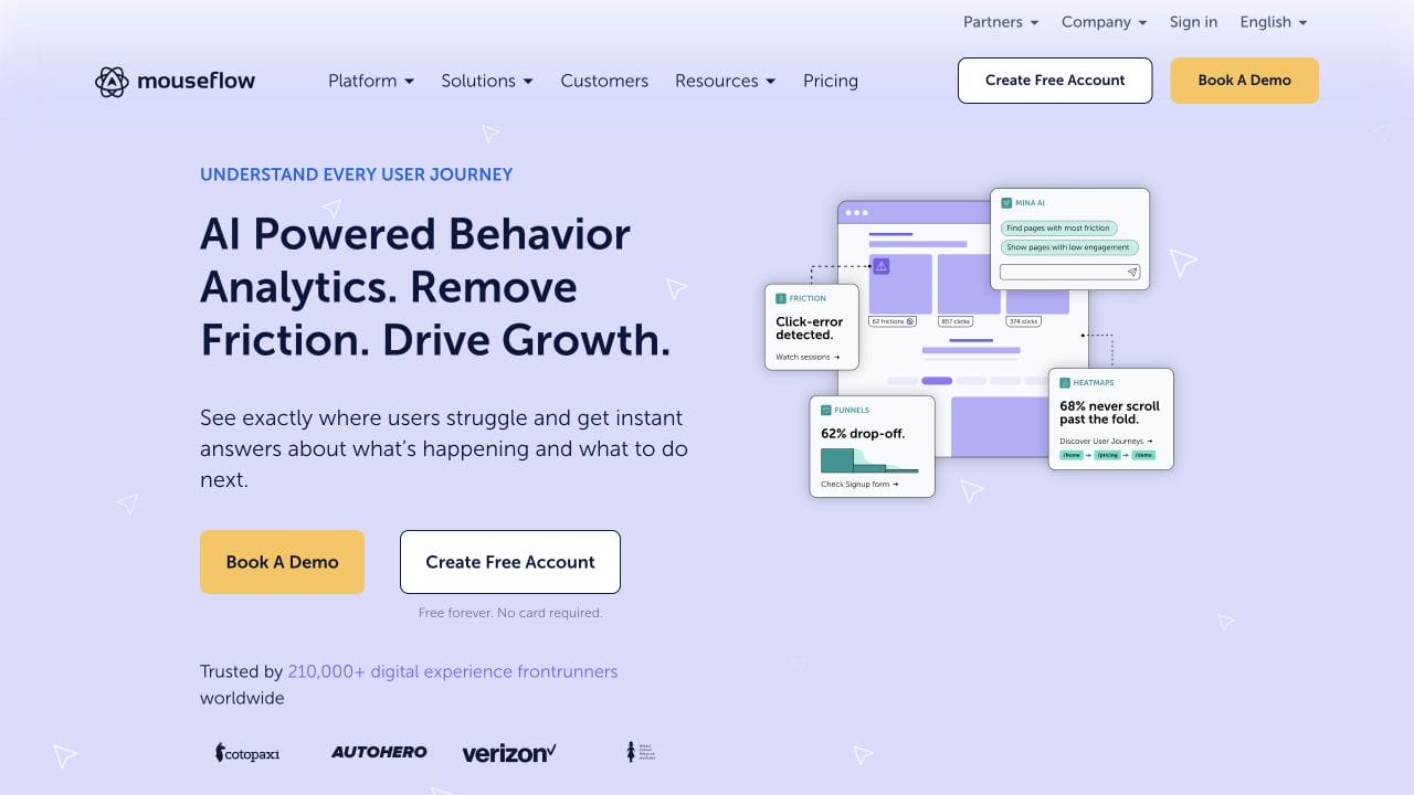 Mouseflow homepage for behavior analytics, friction detection, funnels, and heatmaps