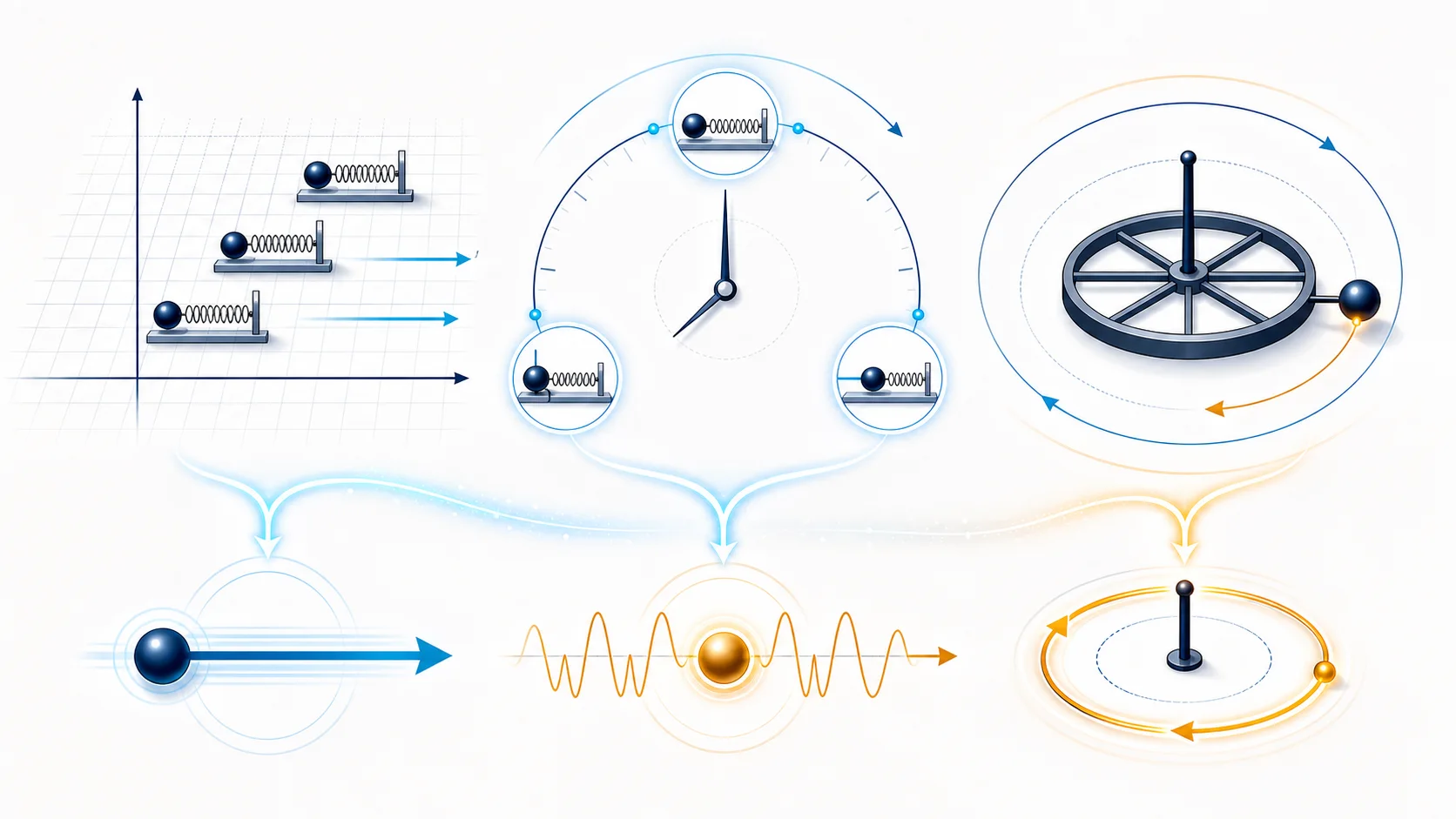 Noether's theorem map connecting translation, time shift, and rotation to conserved quantities