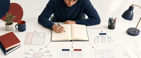 Student comparing Cornell, outline, mapping, charting, and sentence note-taking methods at a study desk