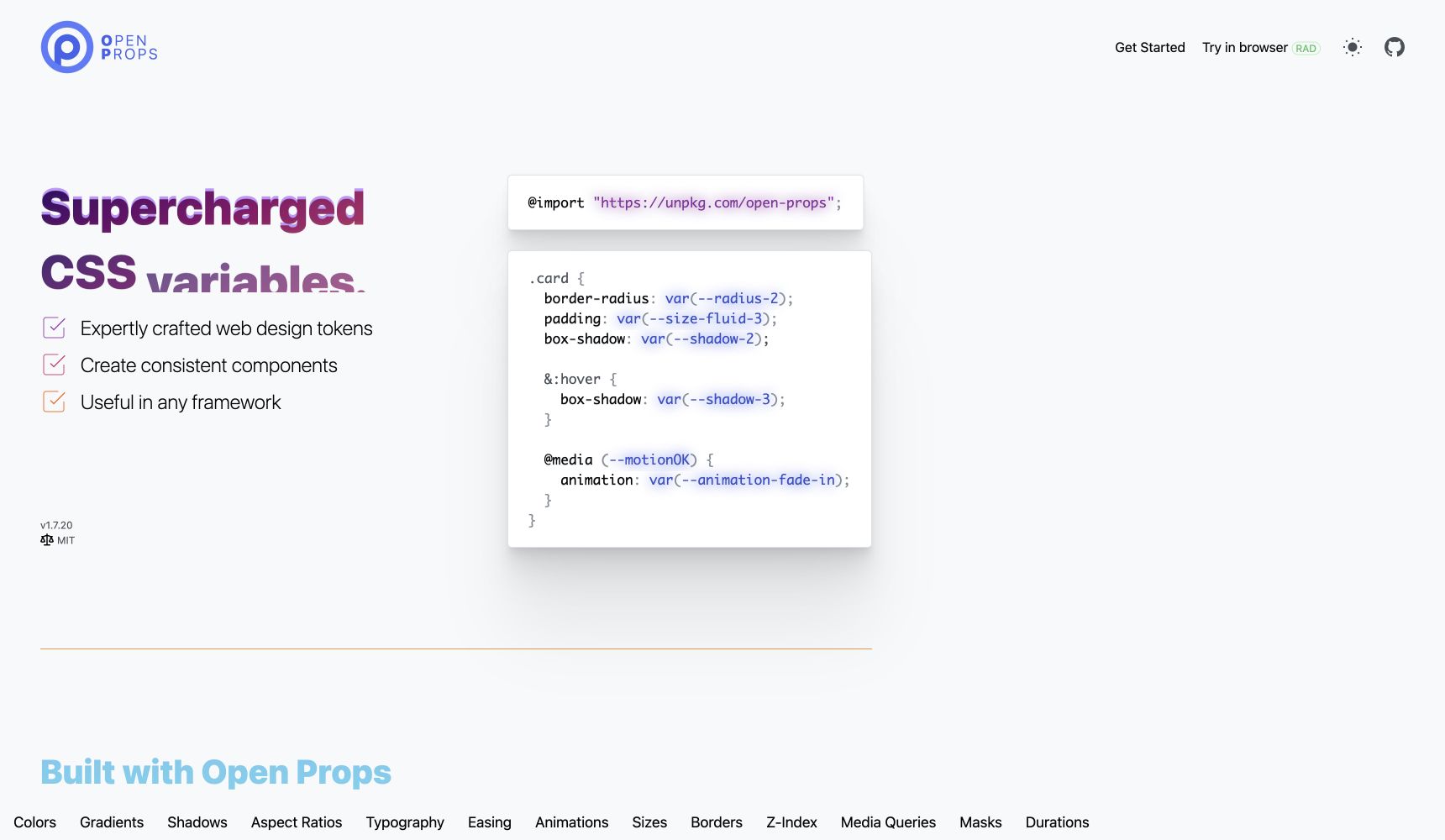 Open Props homepage showing reusable CSS design tokens