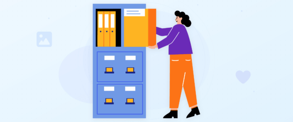 Illustration of a person organizing files into labeled drawers, representing sorting iPhone photos into albums and folders to free up storage.