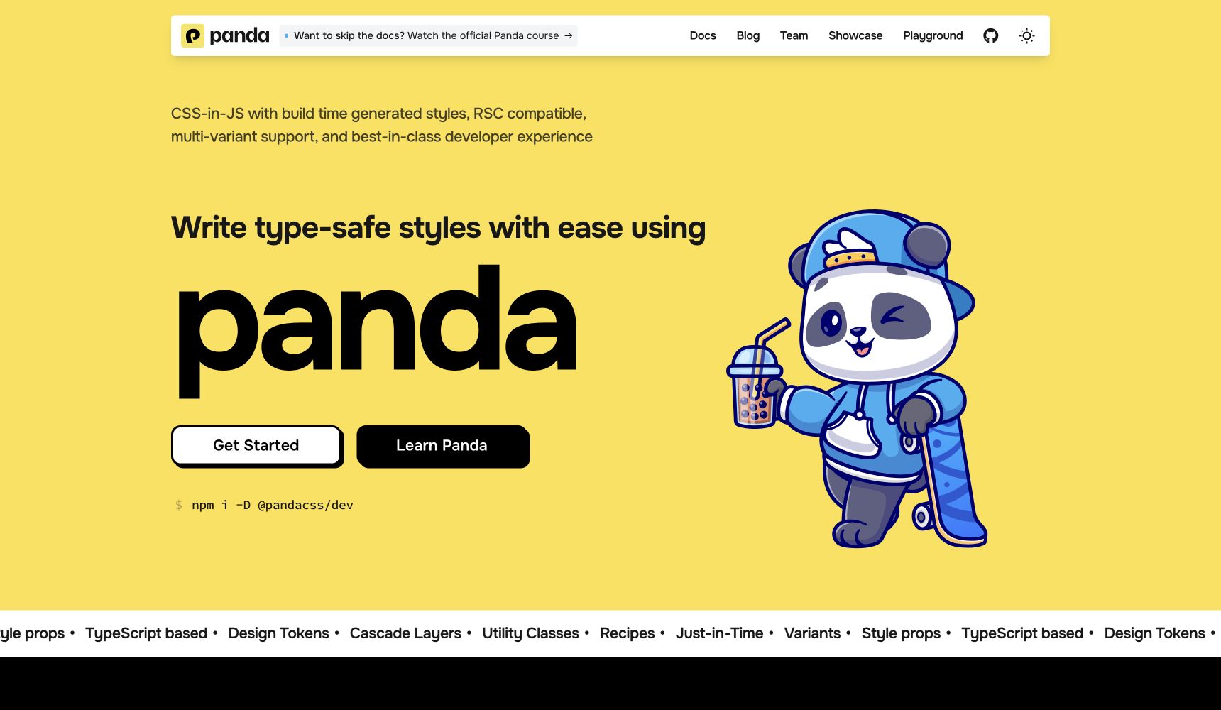 Panda CSS homepage showing type-safe build-time styling