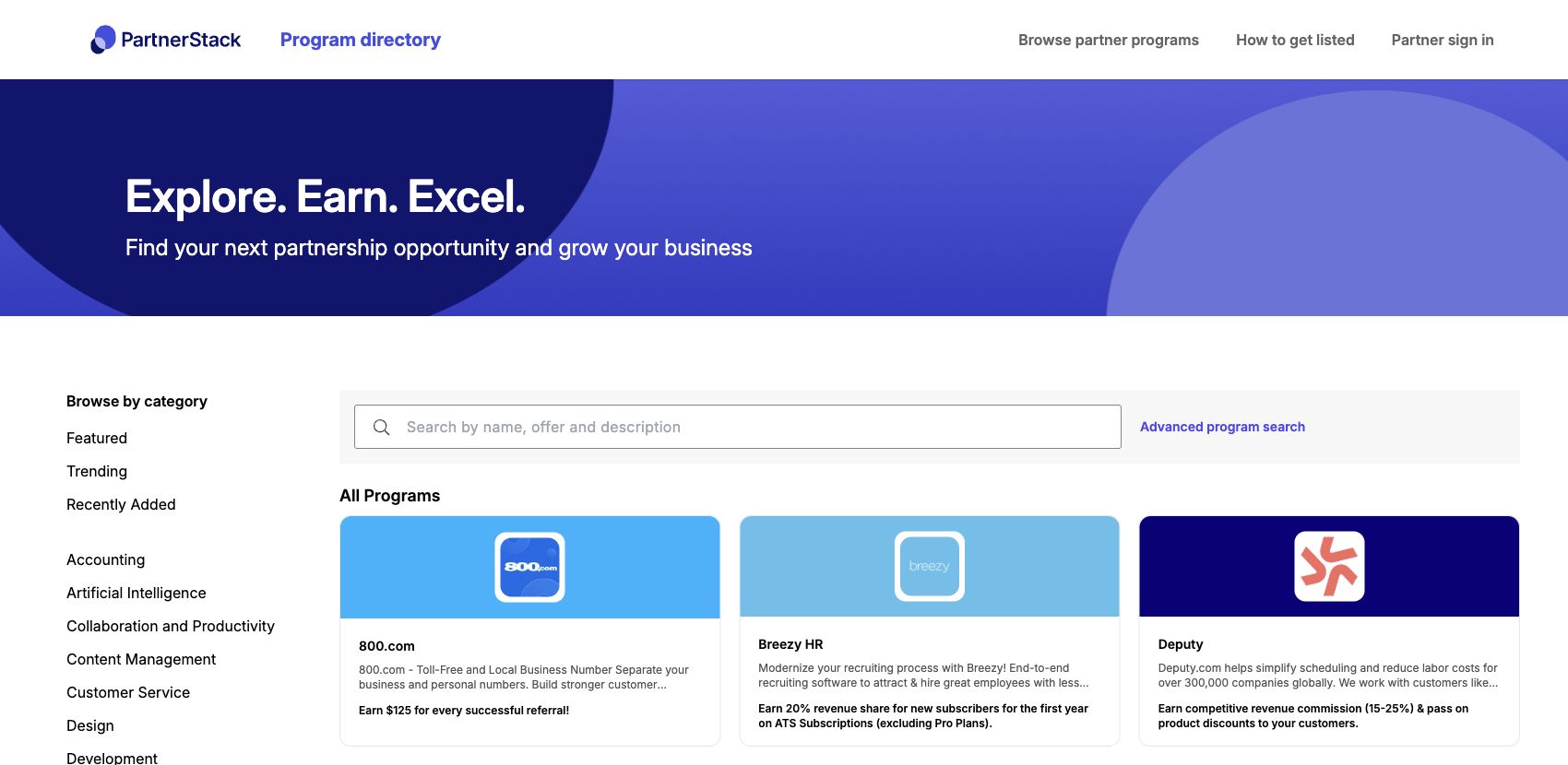 PartnerStack program directory showing searchable B2B partner programs and commission details.