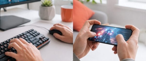 PC gamer switching from keyboard and mouse to mobile gaming on a smartphone