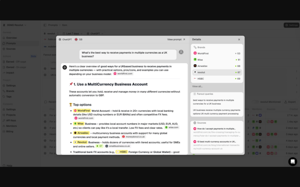 Peec AI chat analysis showing an AI answer, mentioned brands, fanout queries, and cited sources
