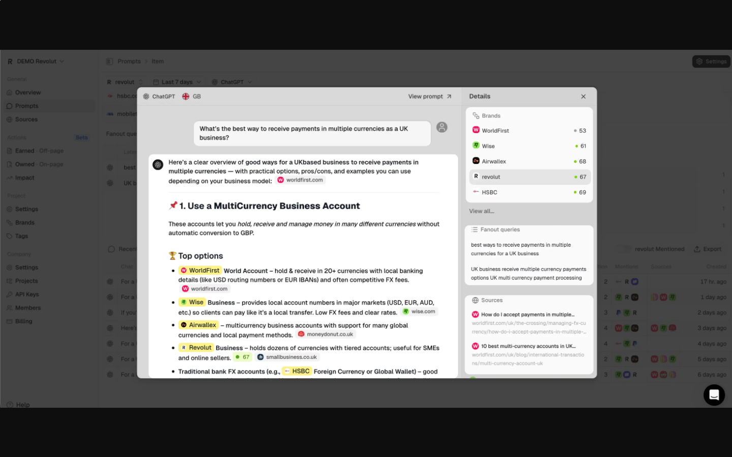Peec AI chat analysis showing an AI answer, mentioned brands, fanout queries, and cited sources