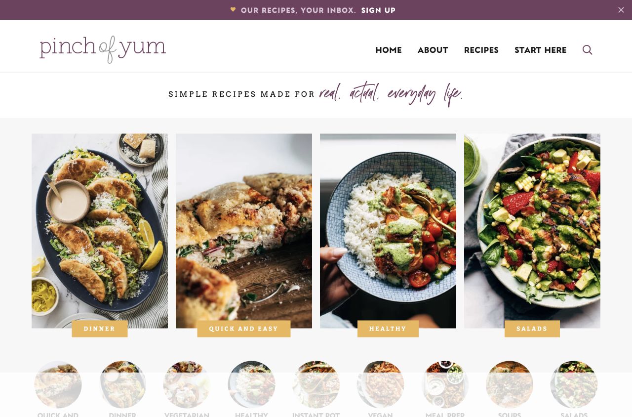 Pinch of Yum homepage showing its current recipe categories and editorial photography.