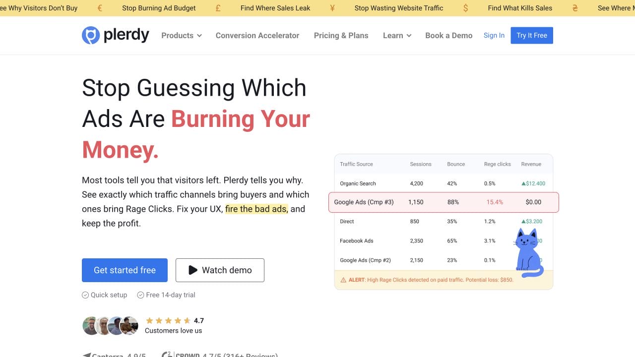 Plerdy homepage showing traffic-source friction and revenue leak analysis