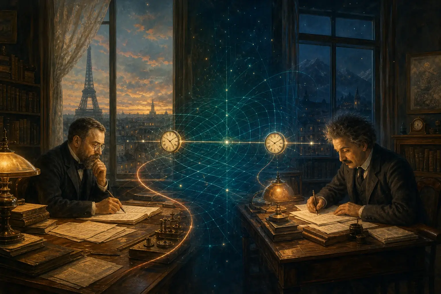 Henri Poincare and Albert Einstein developing relativity ideas independently in Paris and Bern