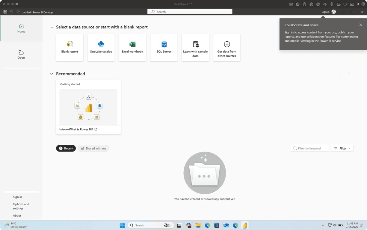 Power BI Desktop running on Windows 11 ARM through Parallels on a Mac