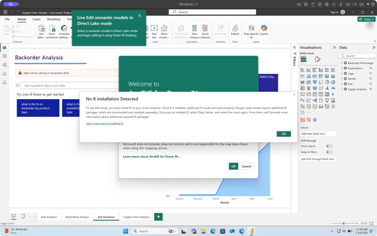 Microsoft Supply Chain Sample open in Power BI Desktop with R and ArcGIS dependency prompts