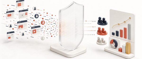 A transparent privacy shield separating individual advertising signals from aggregate audience groups and campaign analytics