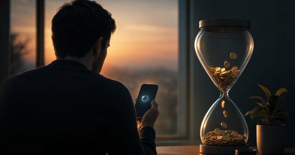 Person watching a pending payment spinner on a smartphone beside an hourglass filled with coins, illustrating the psychology of waiting for money