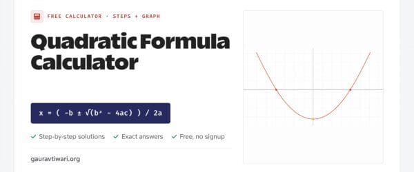 Quadratic formula calculator with step-by-step solutions, exact roots and parabola graph