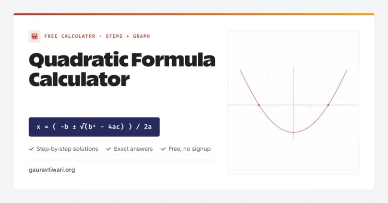 Quadratic formula calculator with step-by-step solutions, exact roots and parabola graph