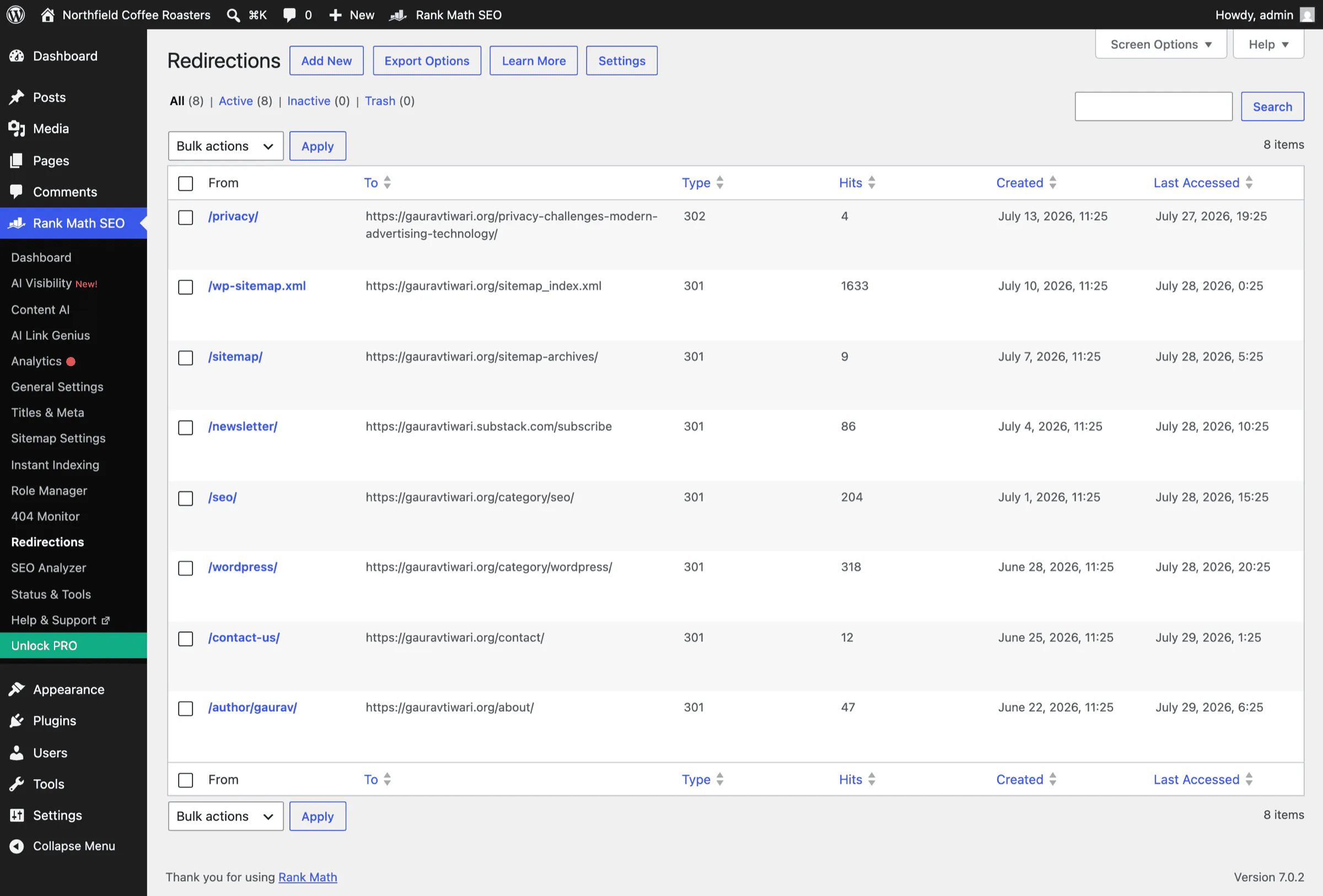 Rank Math free Redirections manager showing eight live redirects from gauravtiwari.org with hit counts, 301 and 302 types, created dates and last accessed times