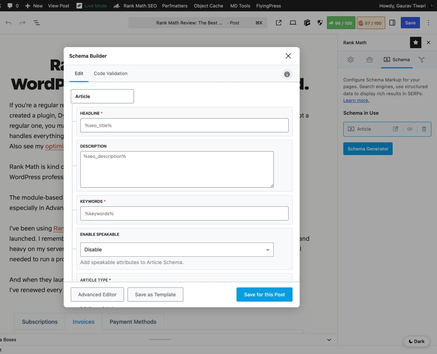 Rank Math Schema Builder editing Article schema inside the WordPress block editor