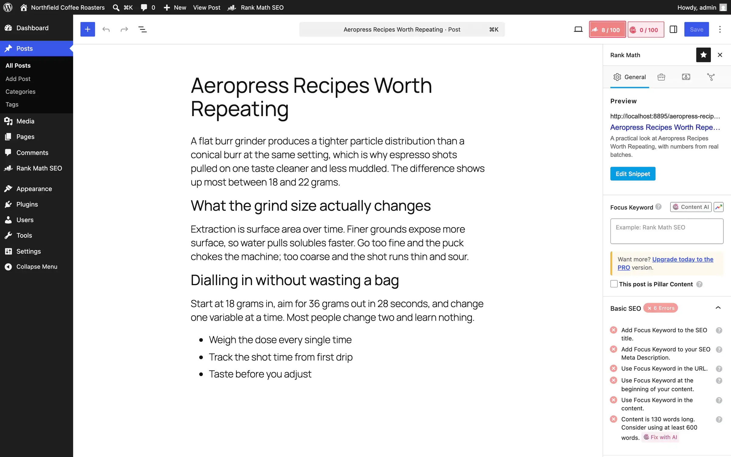 Rank Math SEO panel open in the WordPress block editor, showing the Google snippet preview, focus keyword field, an Upgrade to PRO prompt, and six Basic SEO errors listed